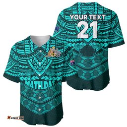 Custom Matildas Soccer Baseball Jersey Shirt Polynesian and Aboriginal Turquoise Vibe