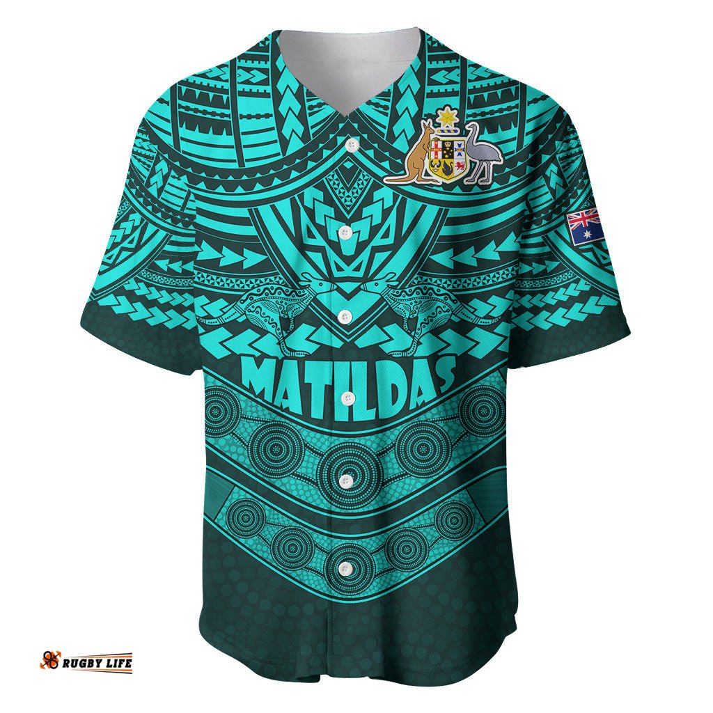 Custom Matildas Soccer Baseball Jersey Shirt Polynesian and Aboriginal Turquoise Vibe