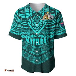Custom Matildas Soccer Baseball Jersey Shirt Polynesian and Aboriginal Turquoise Vibe