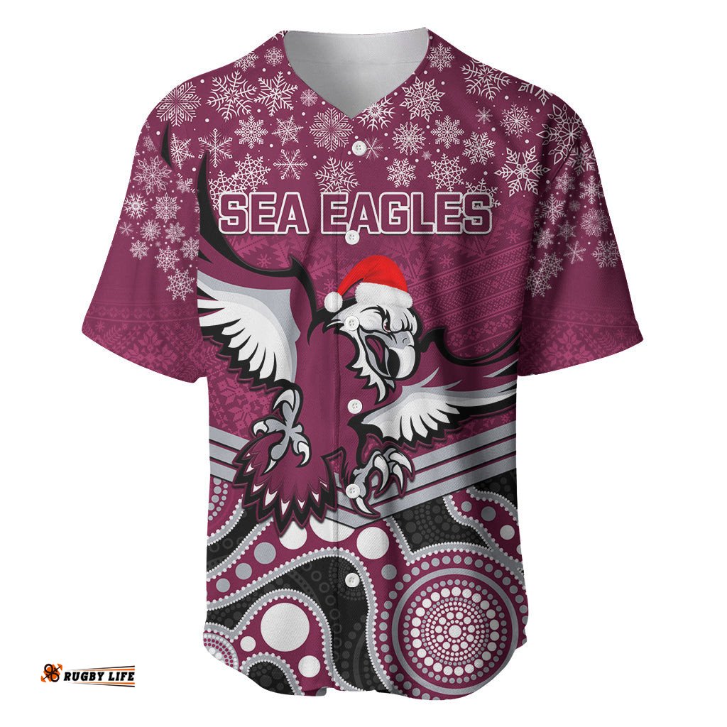 Custom Sea Eagles Rugby Christmas Baseball Jersey Shirt Merry Xmas Mix Aboriginal Art