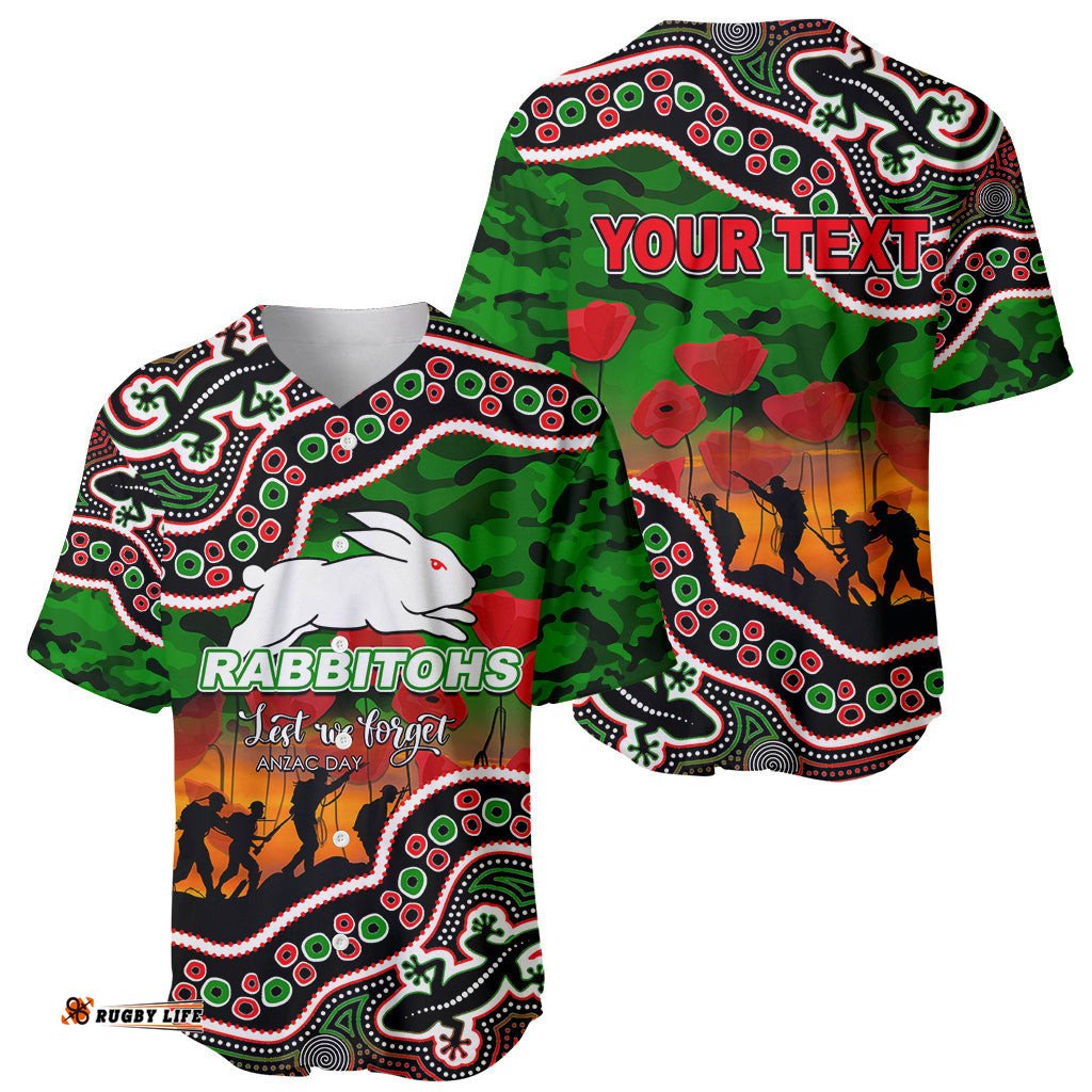 Custom Personalised Anzac Day NRL Rabbitohs Baseball Jersey Shirt Aboriginal Lizard Patterns