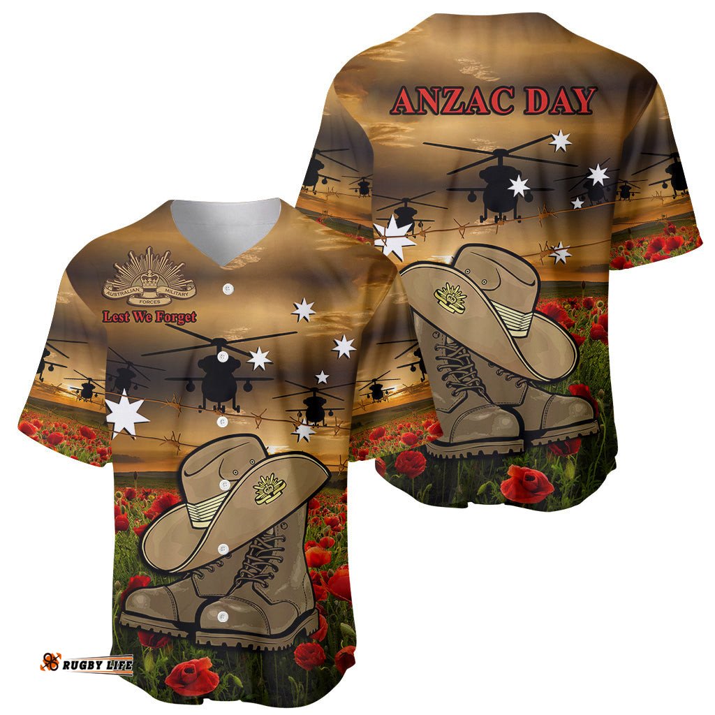 Australian ANZAC Baseball Jersey Shirt Slouch Hat And Army Boots With Poppy 08