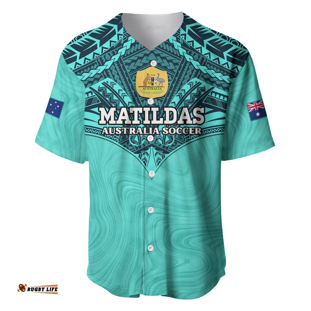 Custom Australia Matildas Baseball Jersey Shirt Polynesian Mix Turquoise Marble