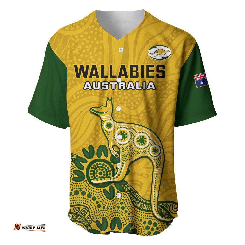 Australia Rugby Baseball Jersey Shirt Wallabies Kangaroo Indigenous Art