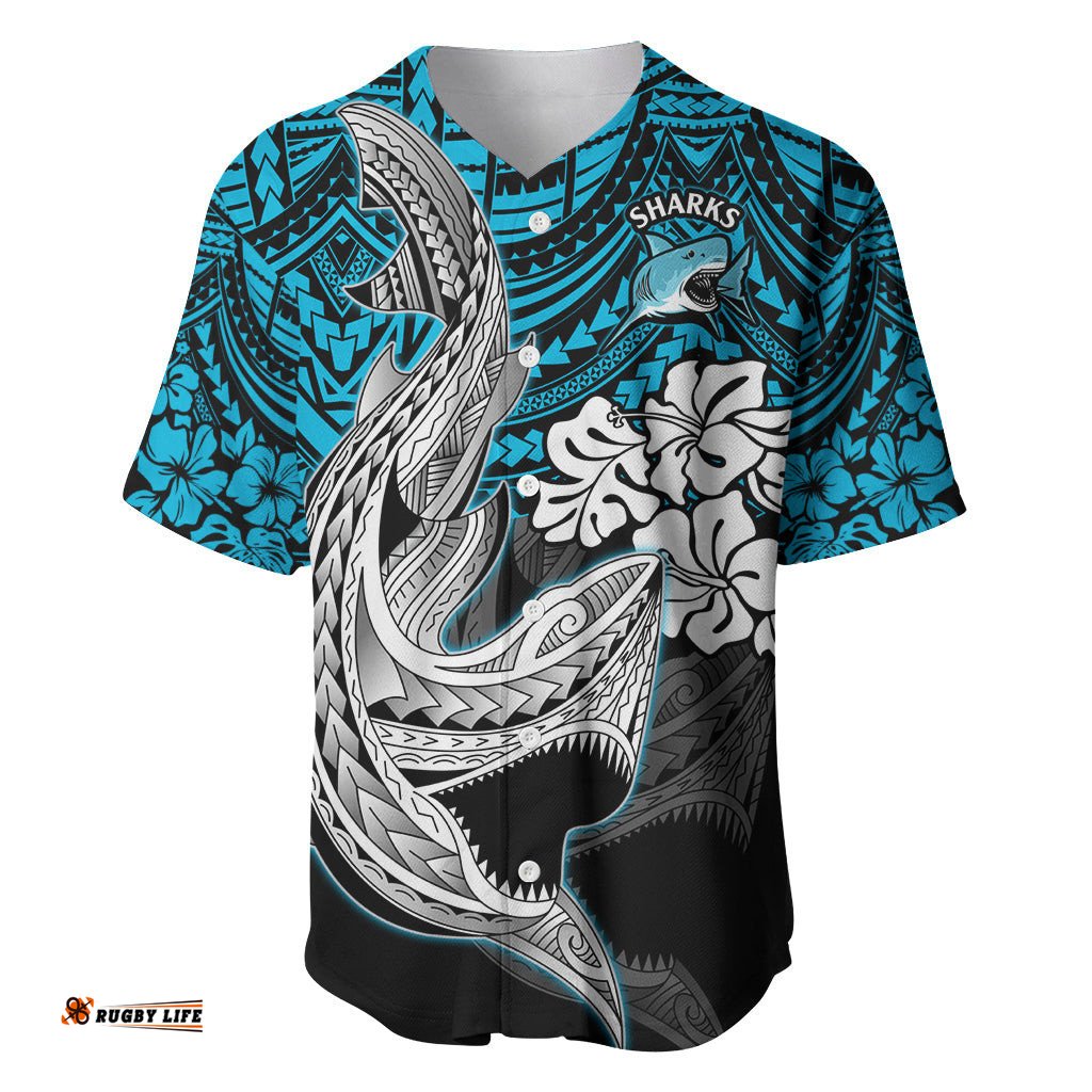 Custom Sharks Rugby Baseball Jersey Shirt Hibiscus and Sharkies Tattoo With Polynesian Pattern