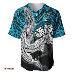 Custom Sharks Rugby Baseball Jersey Shirt Hibiscus and Sharkies Tattoo With Polynesian Pattern