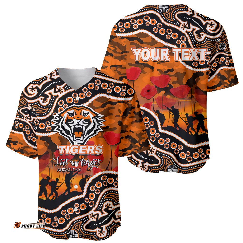 Custom Personalised Anzac Day NRL Tigers Baseball Jersey Shirt Aboriginal Lizard Patterns