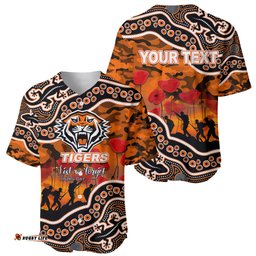 Custom Personalised Anzac Day NRL Tigers Baseball Jersey Shirt Aboriginal Lizard Patterns
