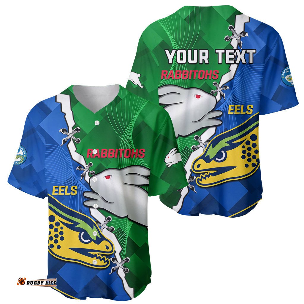 Custom Personalised Rabbitohs Mix Eels Rugby Baseball Jersey Shirt Souths And Parra Sporty Style
