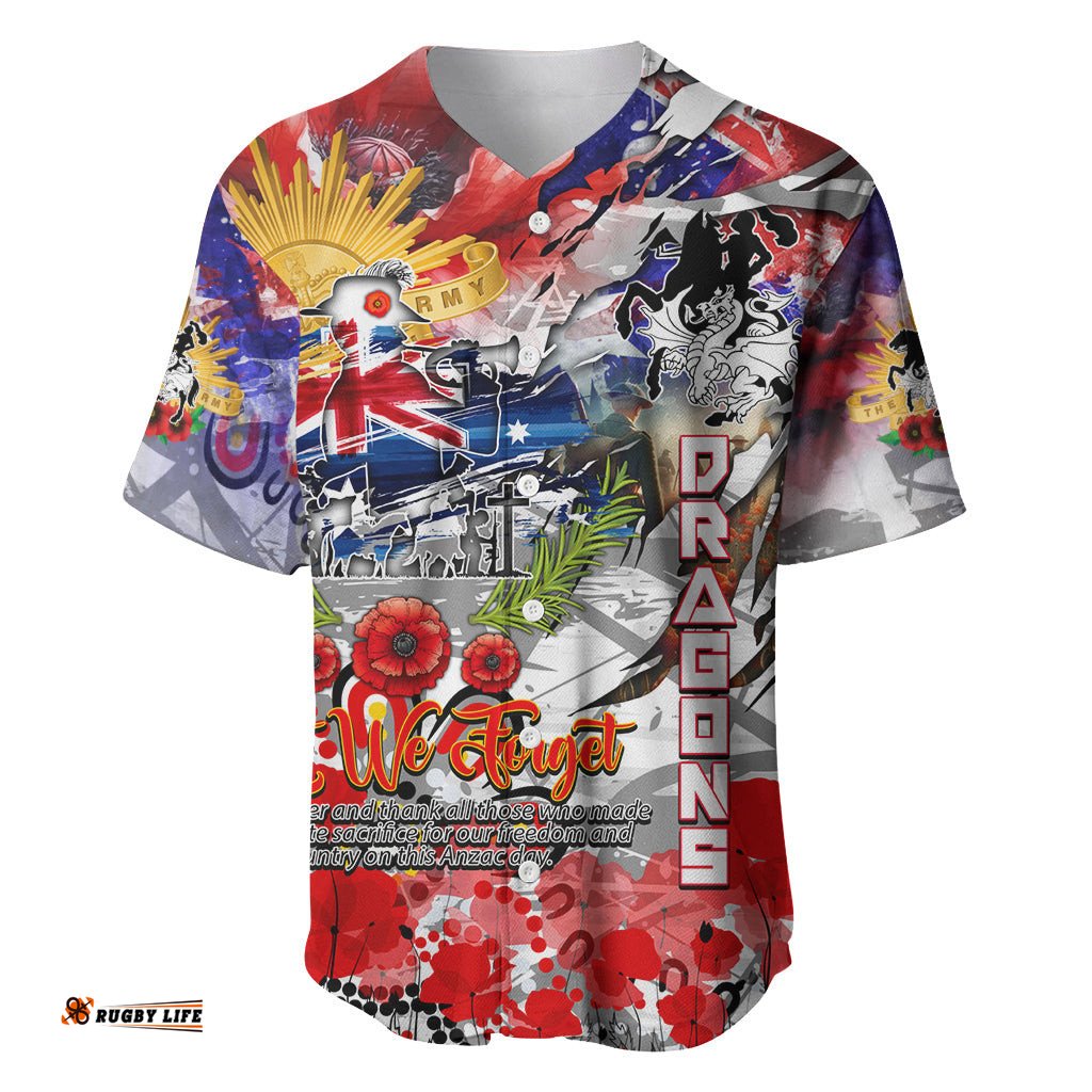 Personalised Australia Rugby Dragons ANZAC Baseball Jersey Shirt St George Illawarra Scratch Style