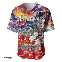 Personalised Australia Rugby Dragons ANZAC Baseball Jersey Shirt St George Illawarra Scratch Style