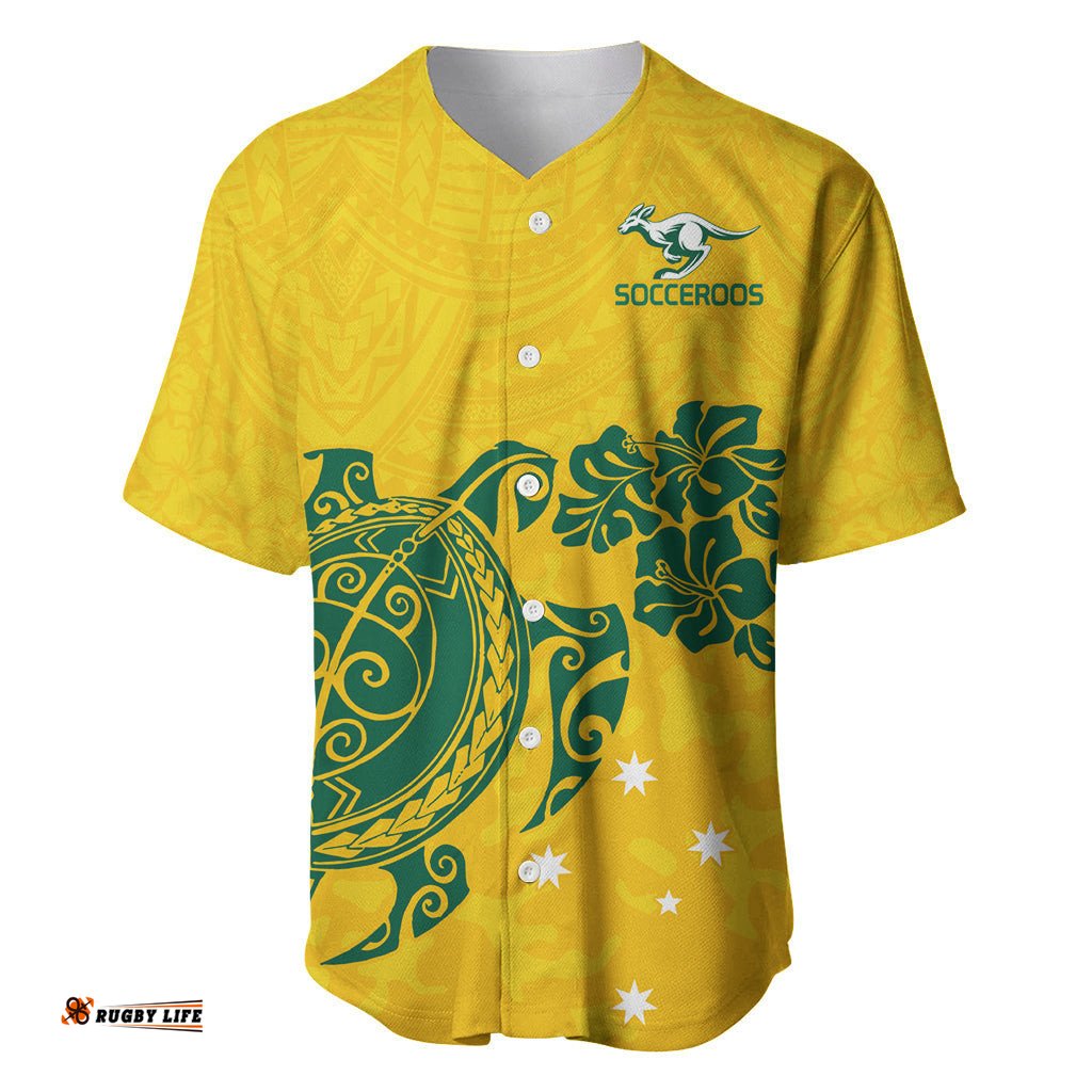 Custom Australia Soccer Baseball Jersey Shirt Socceroos Hibiscus and Turtle With Polynesian Pattern