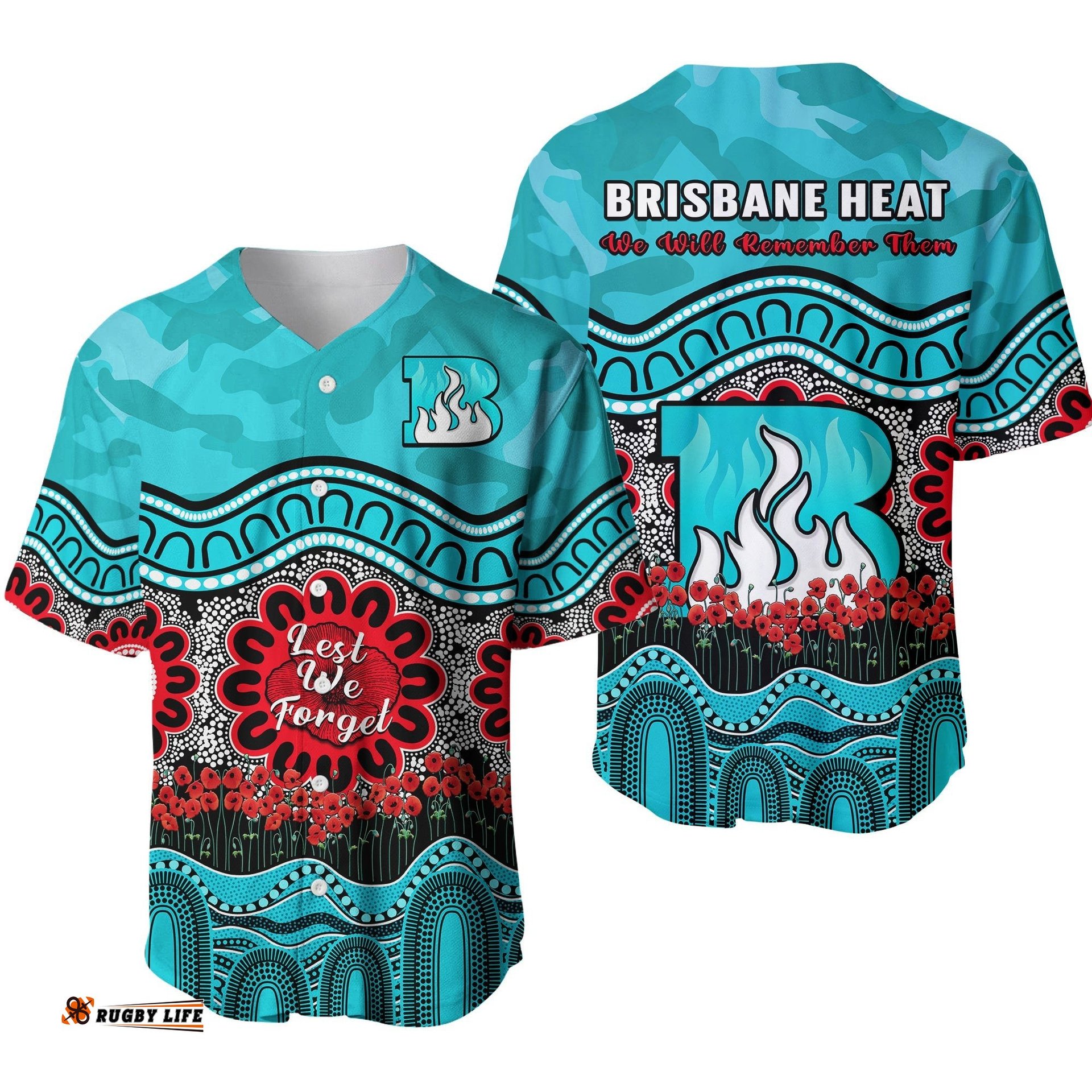 Brisbane Heat Cricket ANZAC Baseball Jersey Shirt Poppy Aboriginal Camouflage Ver.01