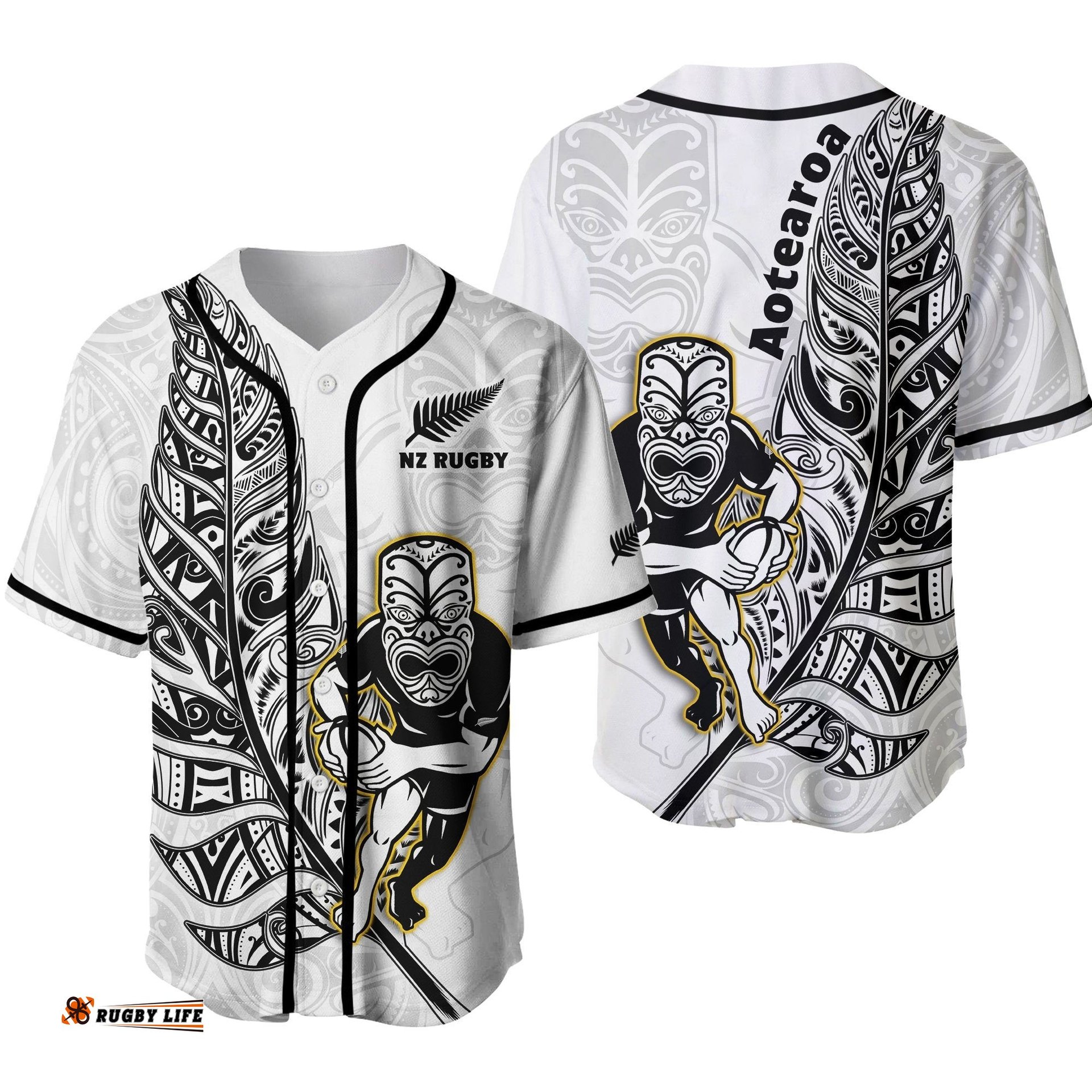 New Zealand Silver Fern Rugby Baseball Jersey Shirt All Black Maori Version White Ver.02