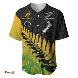 Custom Australia Wallabies and Aotearoa Rugby Baseball Jersey Shirt Kangaroo Black Fern Maori Gradient Vibe
