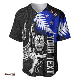 Personalised Aotearoa Rugby Baseball Jersey Shirt All Black Maori Fern