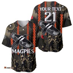 Custom Text And Number ANZAC Collingwood Football Baseball Jersey Shirt Proud To Be Magpies Poppy Flowers and Aboriginal Version
