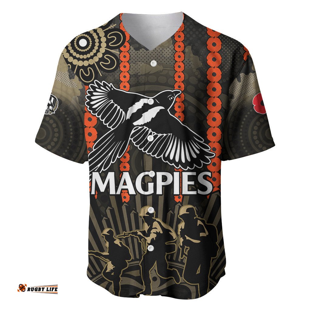 Custom Text And Number ANZAC Collingwood Football Baseball Jersey Shirt Proud To Be Magpies Poppy Flowers and Aboriginal Version