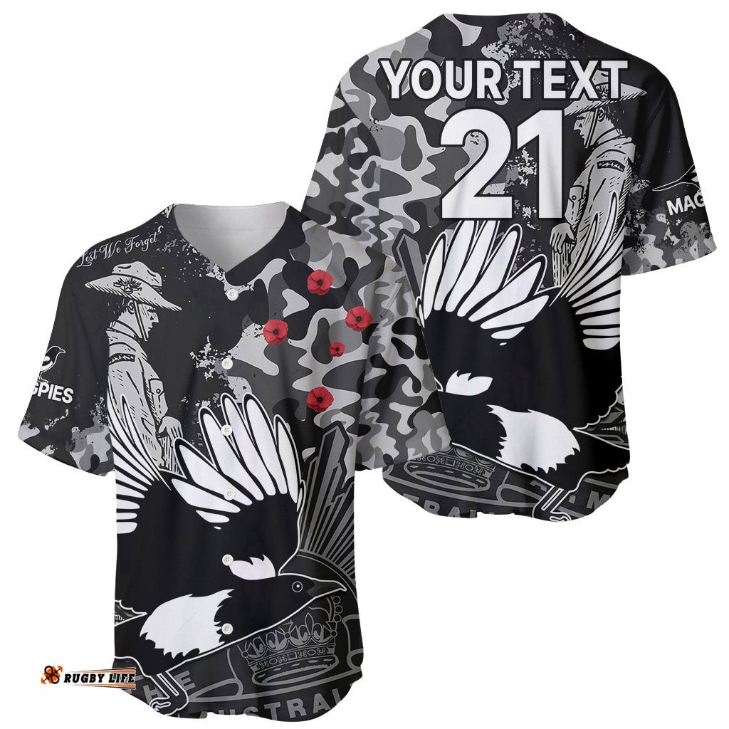 Custom Text And Number AFL ANZAC Magpies Baseball Jersey Shirt Camouflage