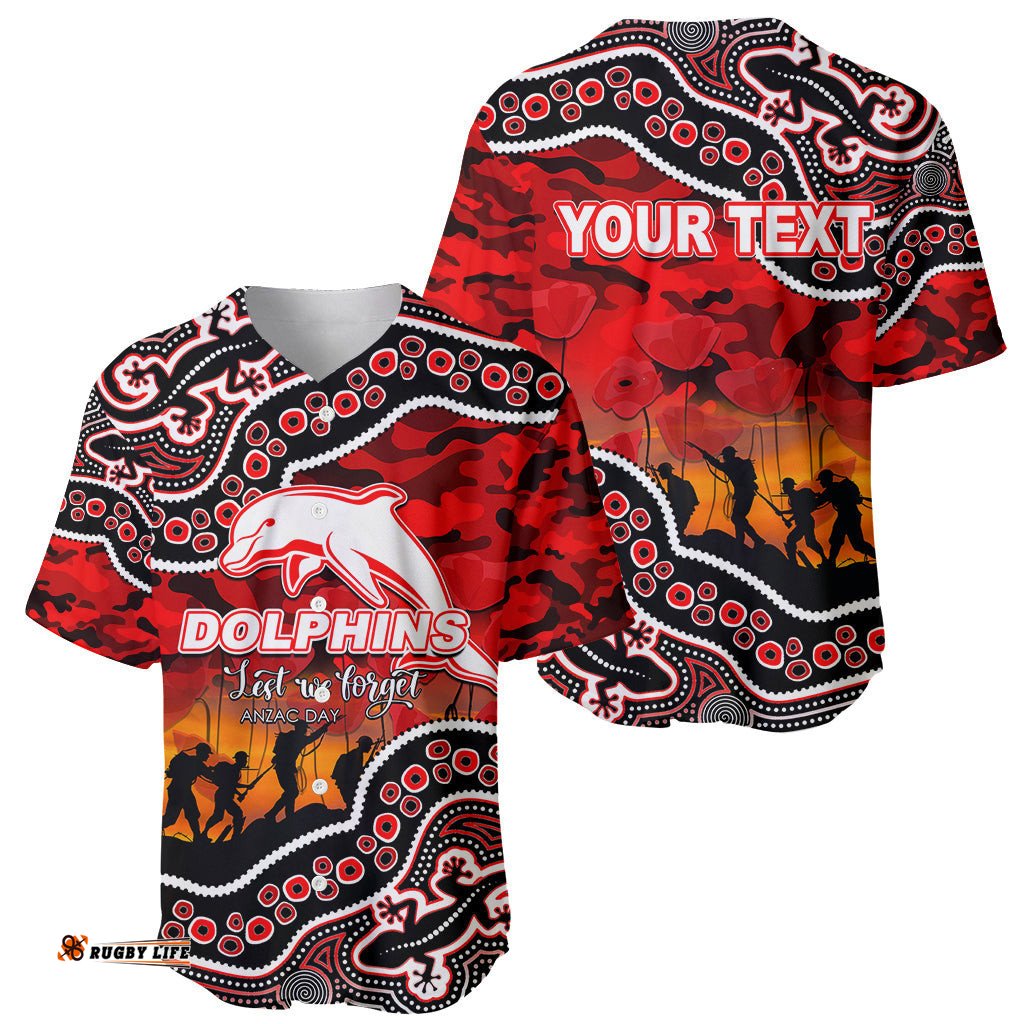 Custom Personalised Anzac Day NRL Dolphins Baseball Jersey Shirt Aboriginal Lizard Patterns