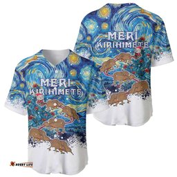 New Zealand Christmas Baseball Jersey Shirt Kiwis Santa Sleigh Starry Night Style