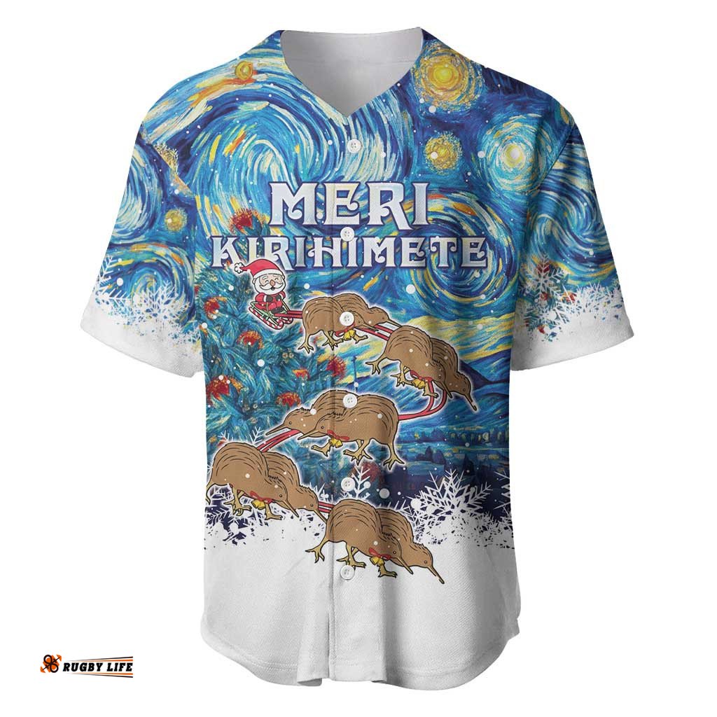 New Zealand Christmas Baseball Jersey Shirt Kiwis Santa Sleigh Starry Night Style