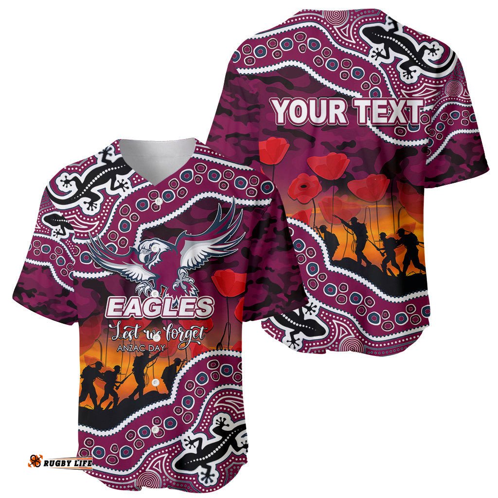 Custom Personalised Anzac Day NRL Sea Eagles Baseball Jersey Shirt Aboriginal Lizard Patterns