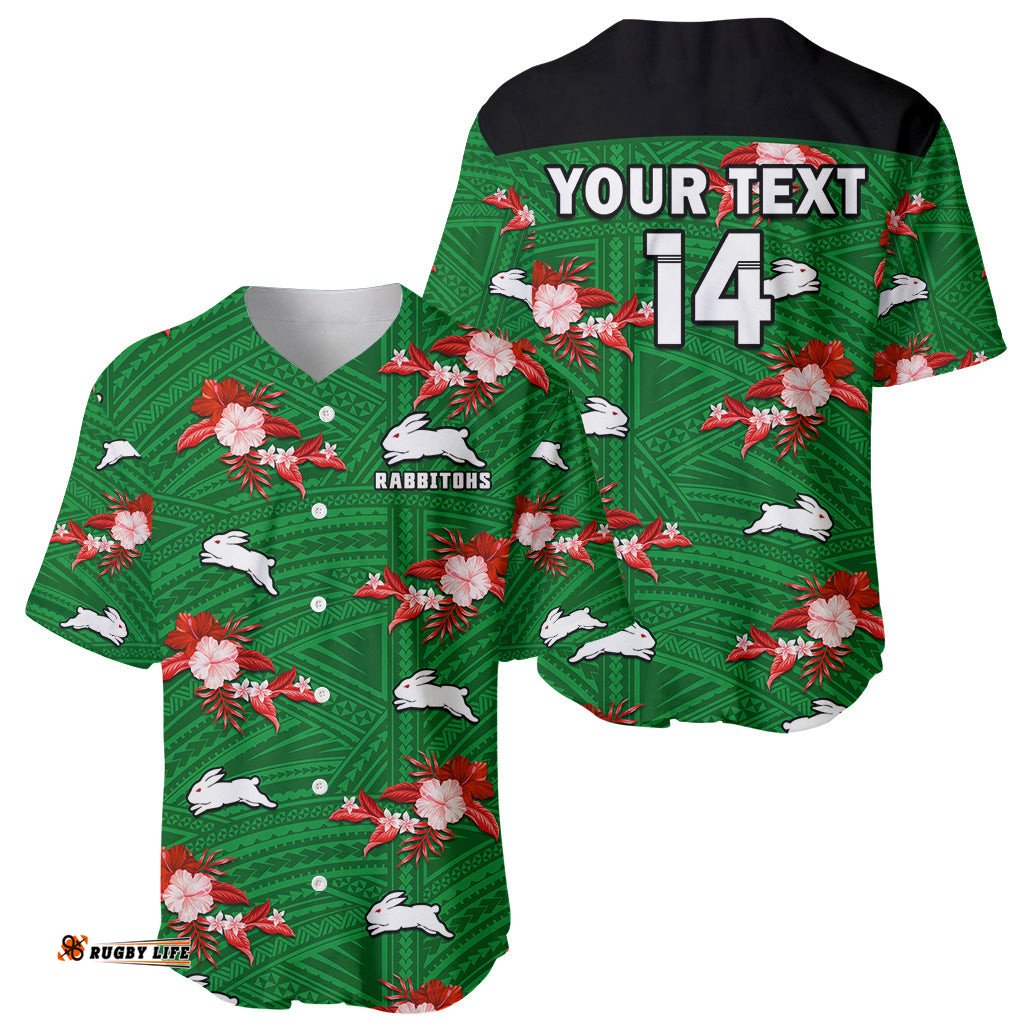 Custom Text And Number Rabbitohs Rugby Baseball Jersey Shirt Polynesian Tribal Mix Tropical Hawaiian Style