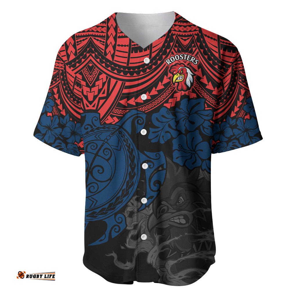 Custom Roosters Rugby Baseball Jersey Shirt Sydney Hibiscus and Turtle With Polynesian Pattern