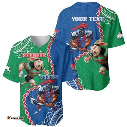 Personalised Rabbitohs And Knights Rugby Baseball Jersey Shirt Aboriginal Mix Polynesian Pattern