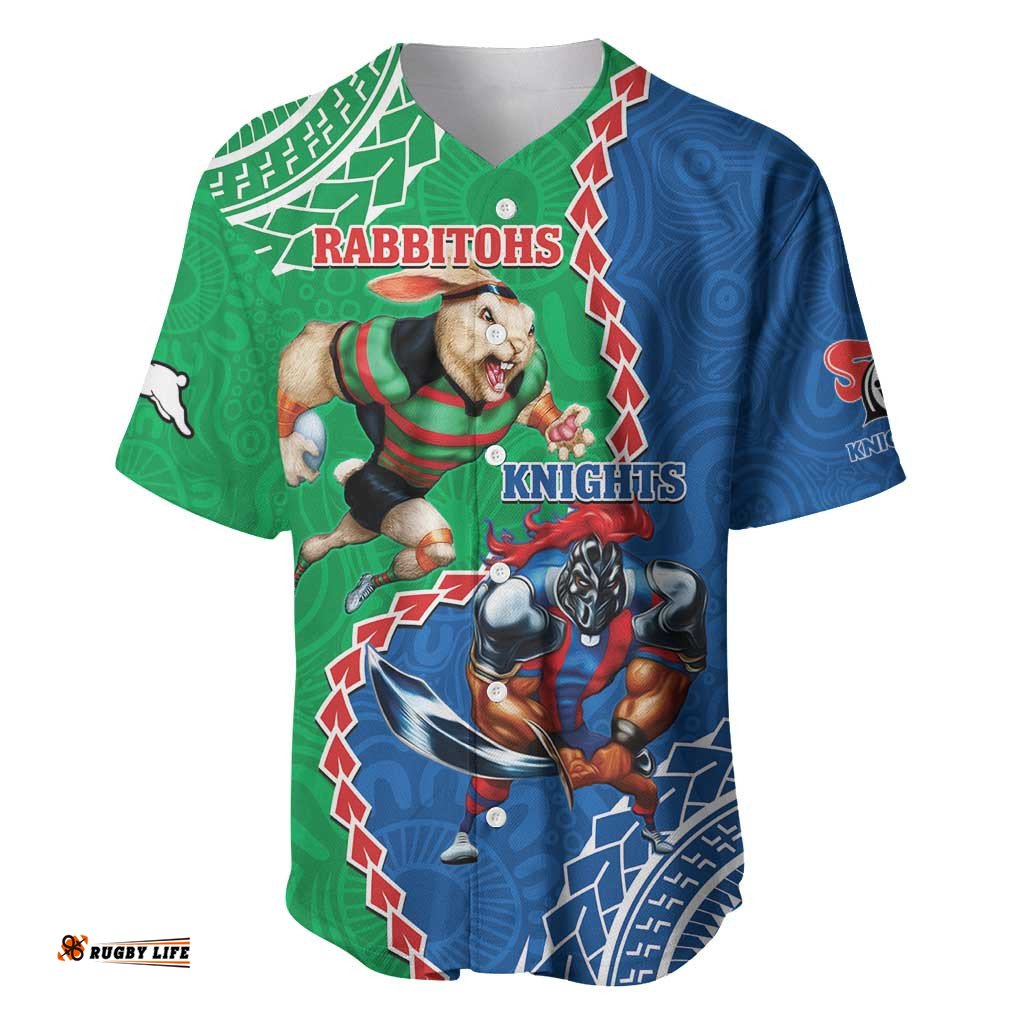 Personalised Rabbitohs And Knights Rugby Baseball Jersey Shirt Aboriginal Mix Polynesian Pattern