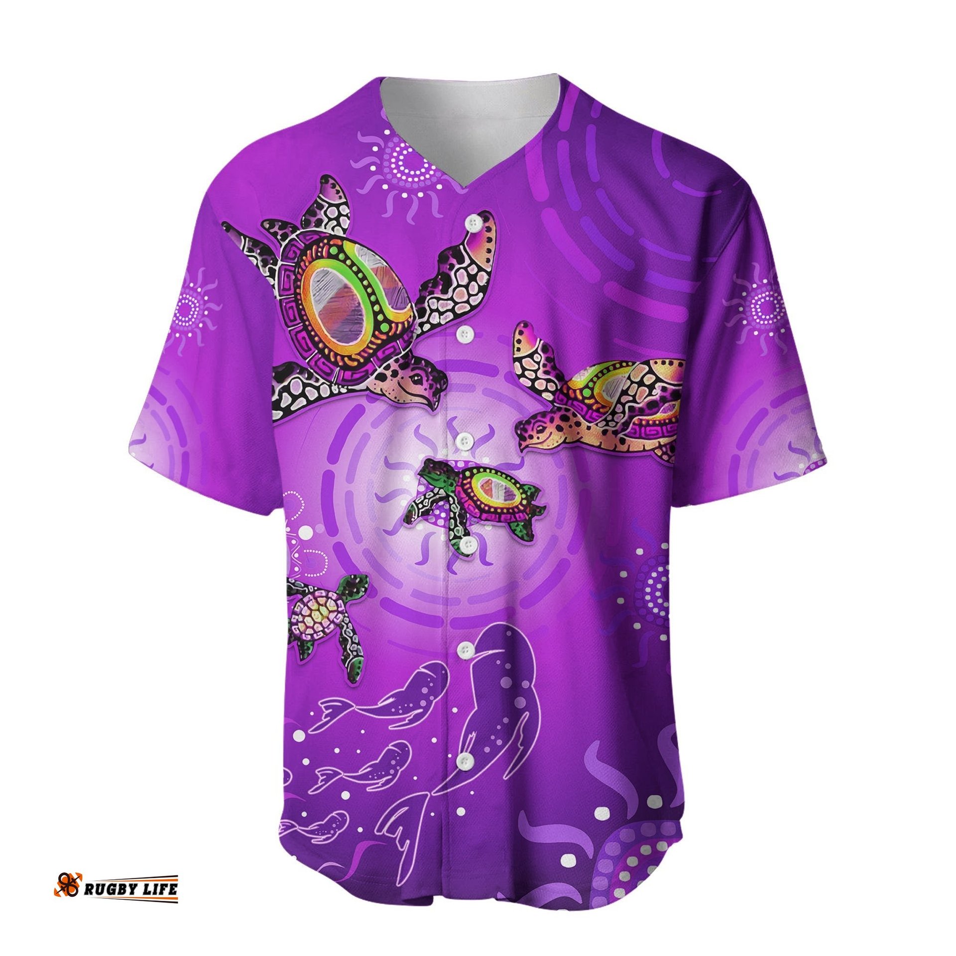 Australian Aboriginal Baseball Jersey Shirt Happy Turtle Family Version Purple