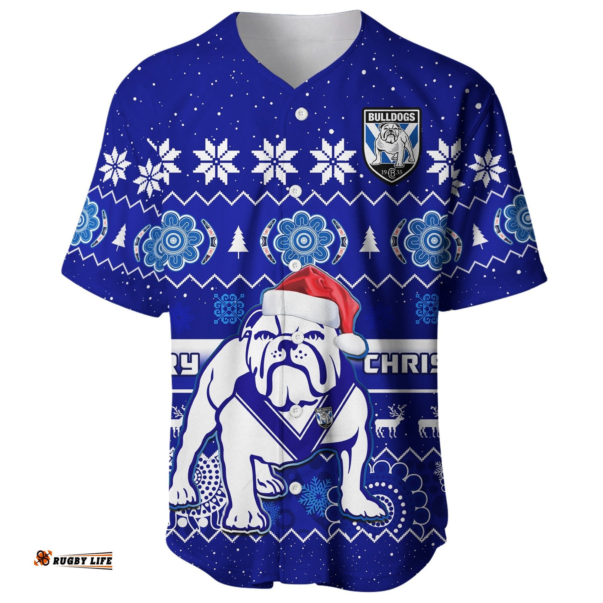 Bulldogs Rugby Christmas Baseball Jersey Shirt Berries Merry Xmas Aboriginal Art 05