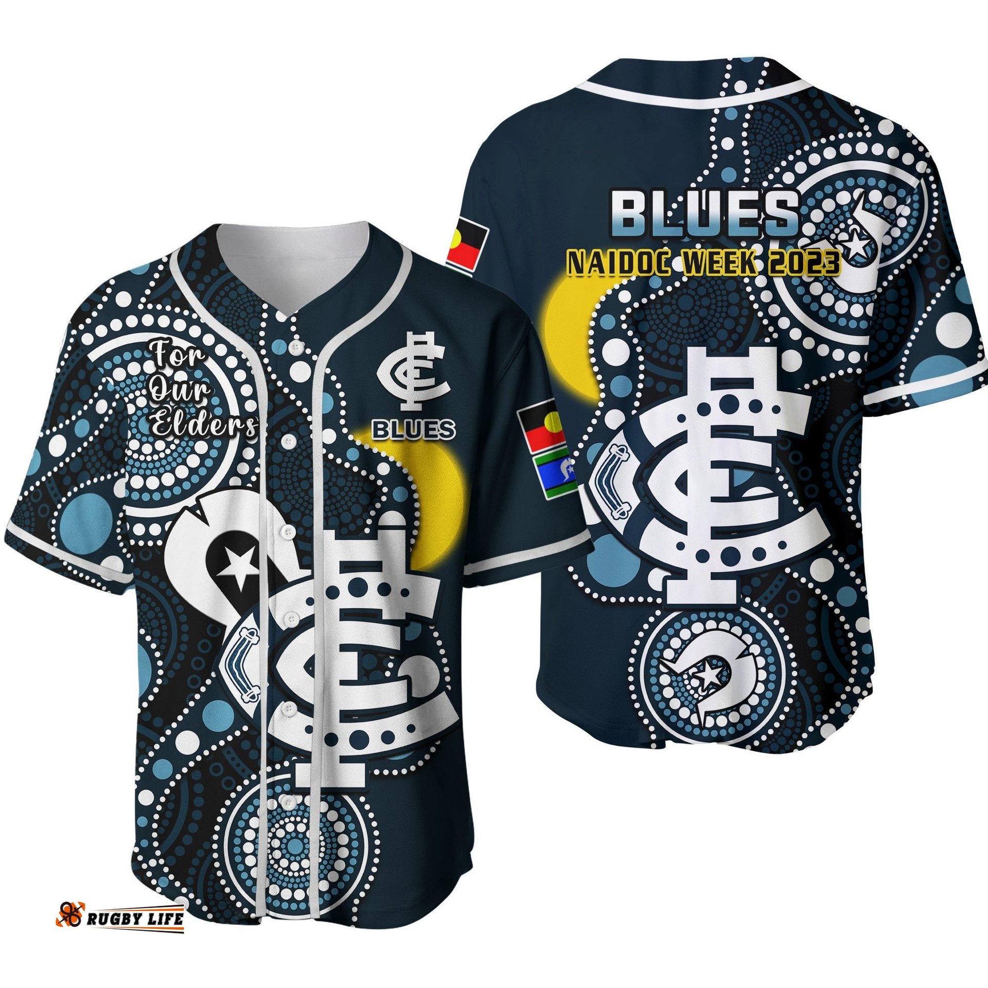 Carlton Football NAIDOC Baseball Jersey Shirt Blues For Our Elders Indigenous Art Ver.02