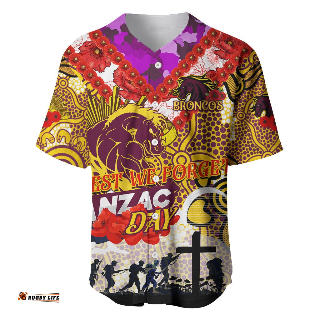 Personalised Broncos ANZAC Day Baseball Jersey Shirt Aboriginal Rising Sun