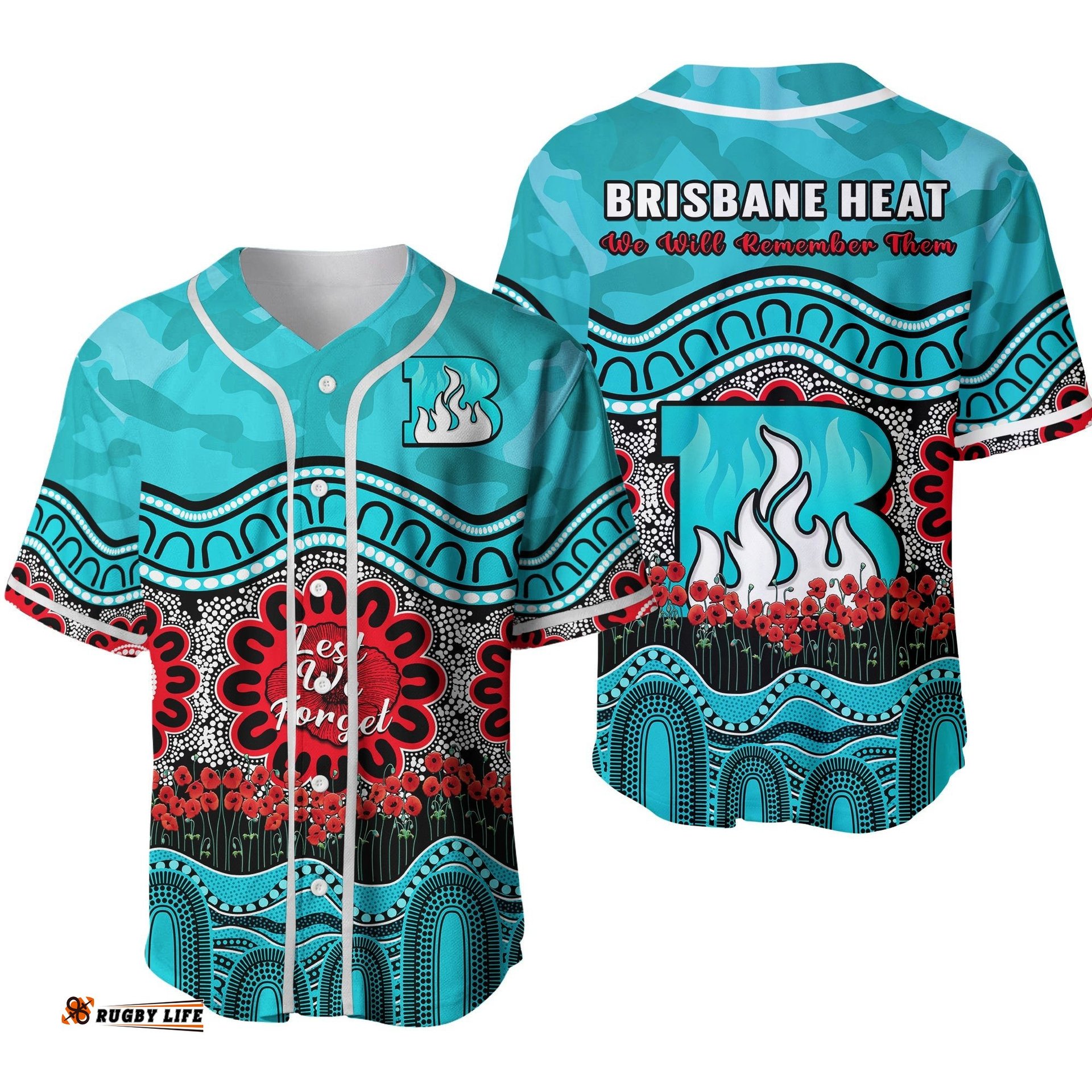 Brisbane Heat Cricket ANZAC Baseball Jersey Shirt Poppy Aboriginal Camouflage Ver.02