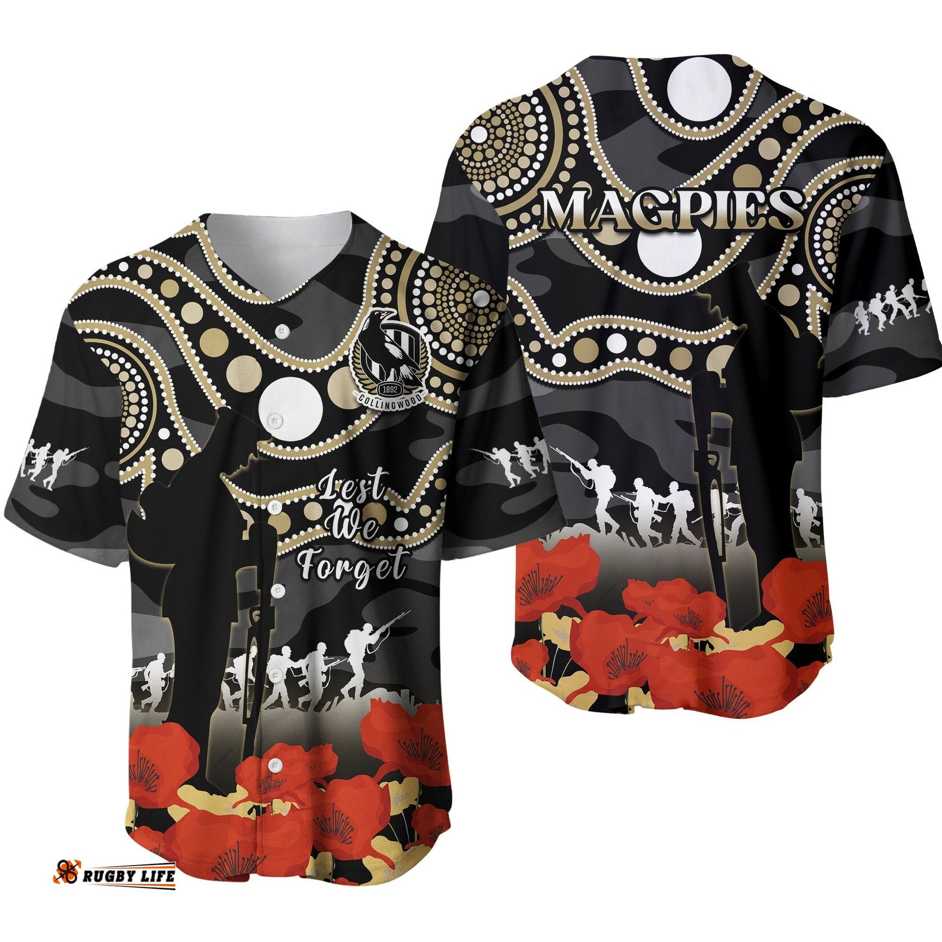 Collingwood Football ANZAC Baseball Jersey Shirt Aboriginal Mix Poppy Camouflage Ver.01