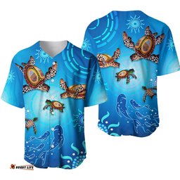 Australian Aboriginal Baseball Jersey Shirt Happy Turtle Family Version Blue