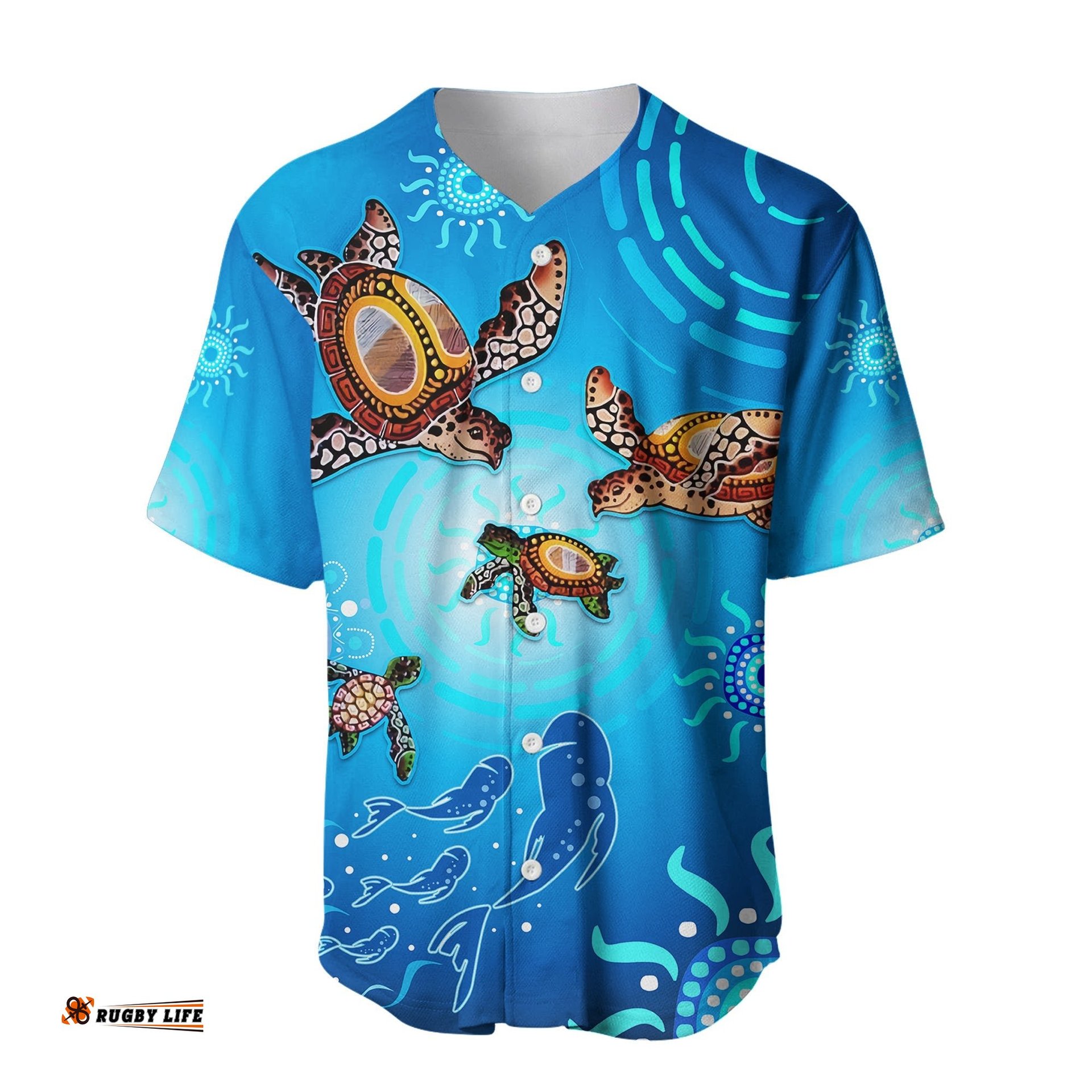 Australian Aboriginal Baseball Jersey Shirt Happy Turtle Family Version Blue