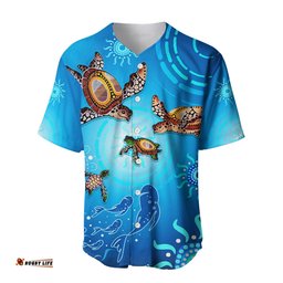 Australian Aboriginal Baseball Jersey Shirt Happy Turtle Family Version Blue