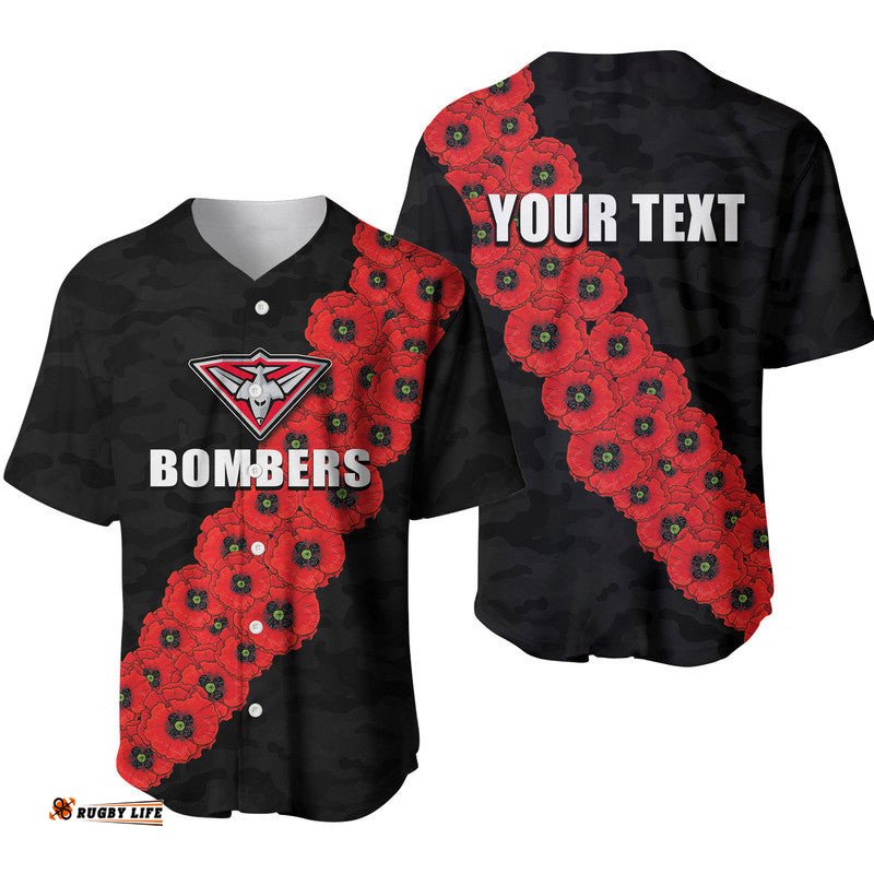 Custom Personalised AFL Bombers Baseball Jersey Shirt Anzac Day Poppy Flowers Jersey
