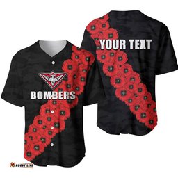 Custom Personalised AFL Bombers Baseball Jersey Shirt Anzac Day Poppy Flowers Jersey