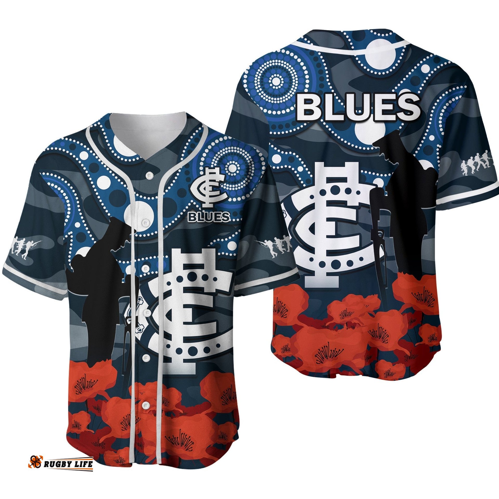 Carlton Football ANZAC Baseball Jersey Shirt Blues Aboriginal Mix Poppy Camouflage Ver.02