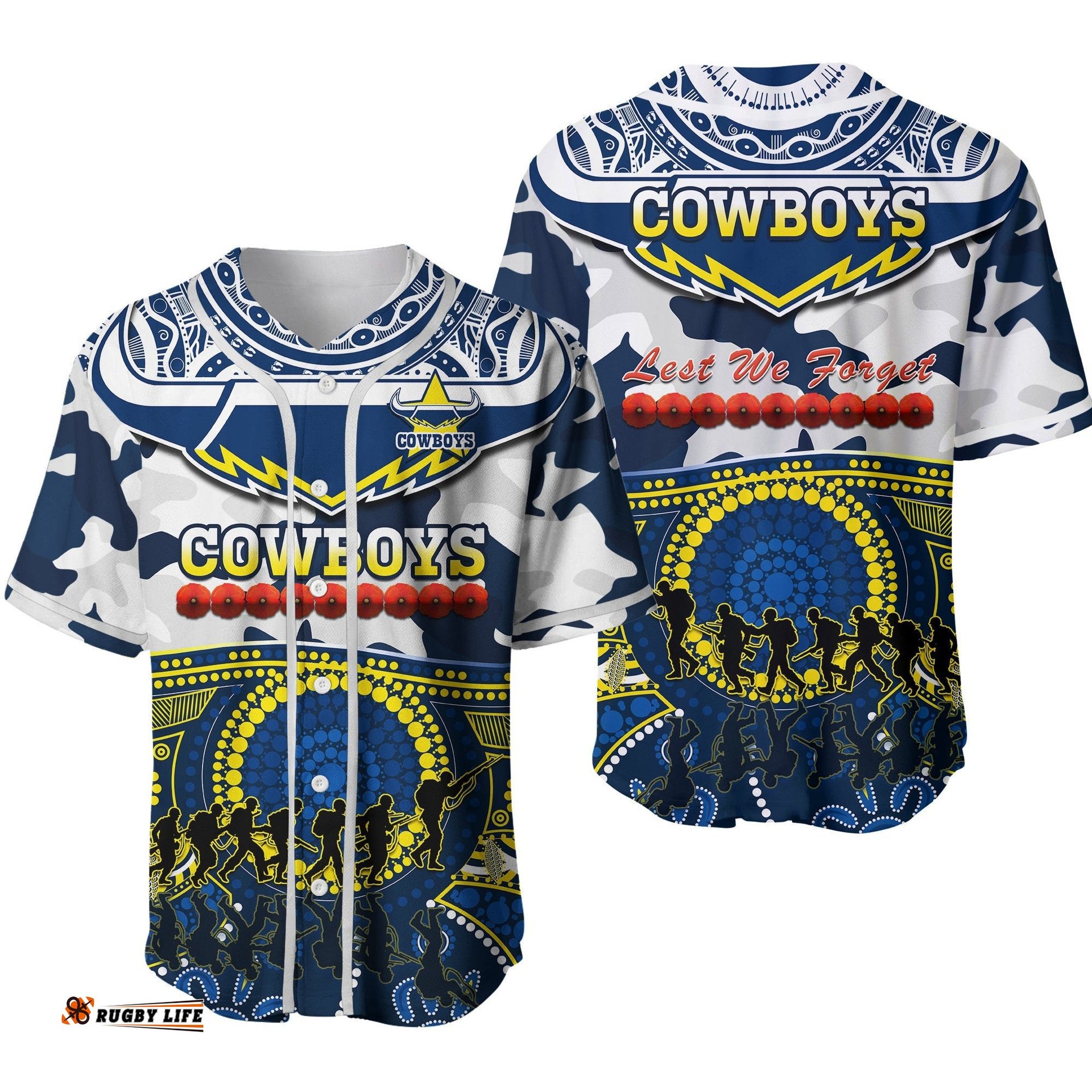 Cowboys Rugby ANZAC Baseball Jersey Shirt Indigenous Poppy Mix Camouflage Ver.02