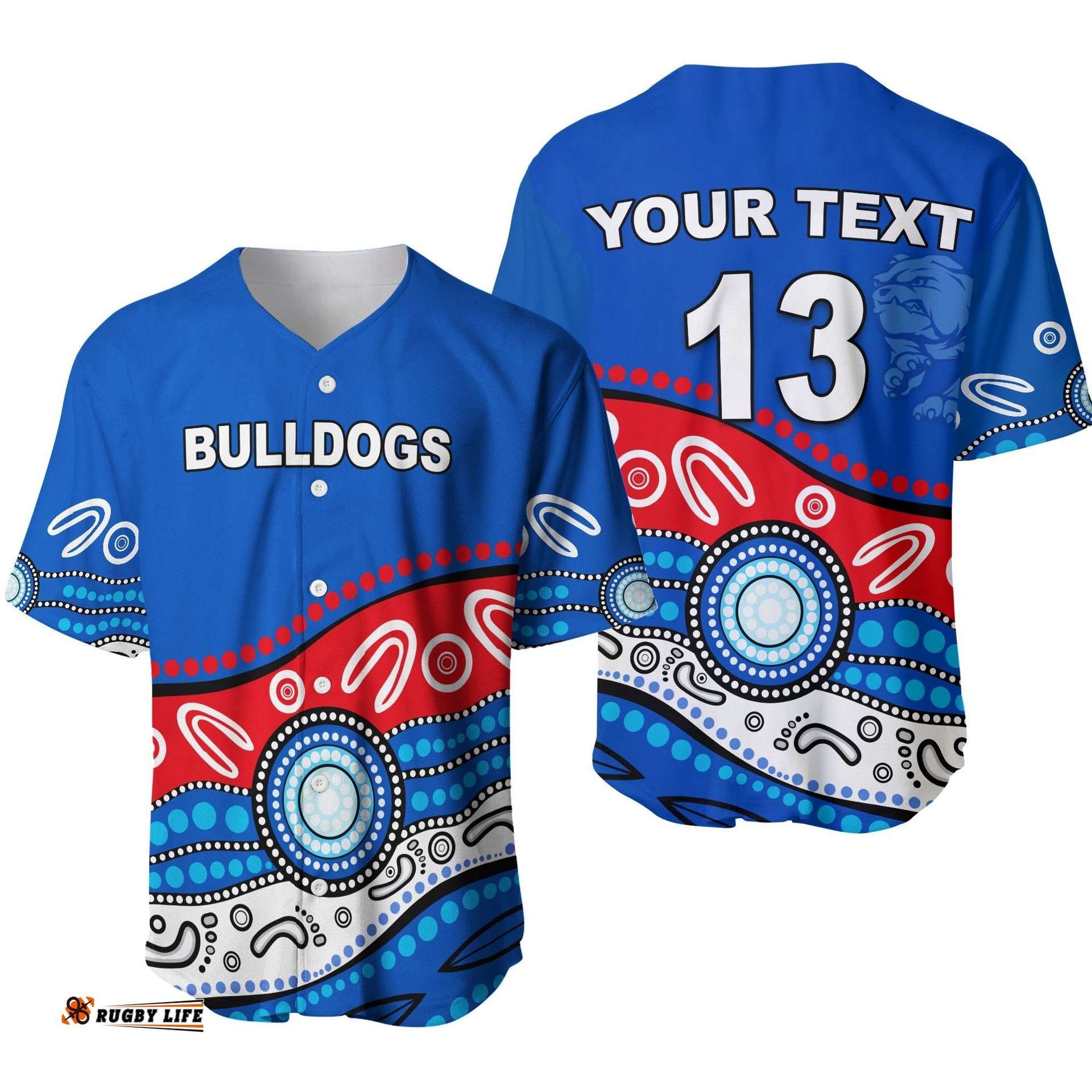 Custom Personalised Bulldogs Indigenous Baseball Jersey Shirt Western Custom Text and Number