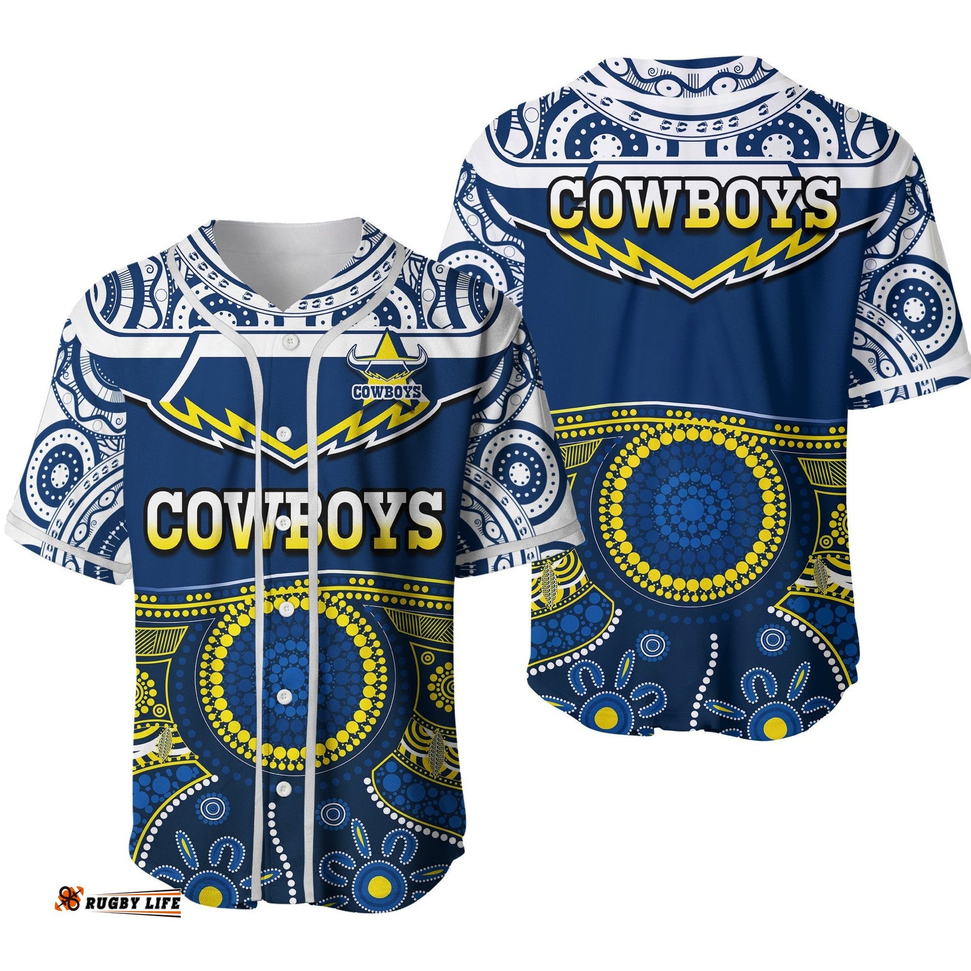 Cowboys Rugby Baseball Jersey Shirt Aboriginal Art Ver.02