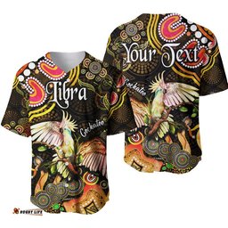 Custom Personalised Australian Astrology Baseball Jersey Shirt Libra Cockatoo Glider Zodiac Aboriginal Vibes Gold