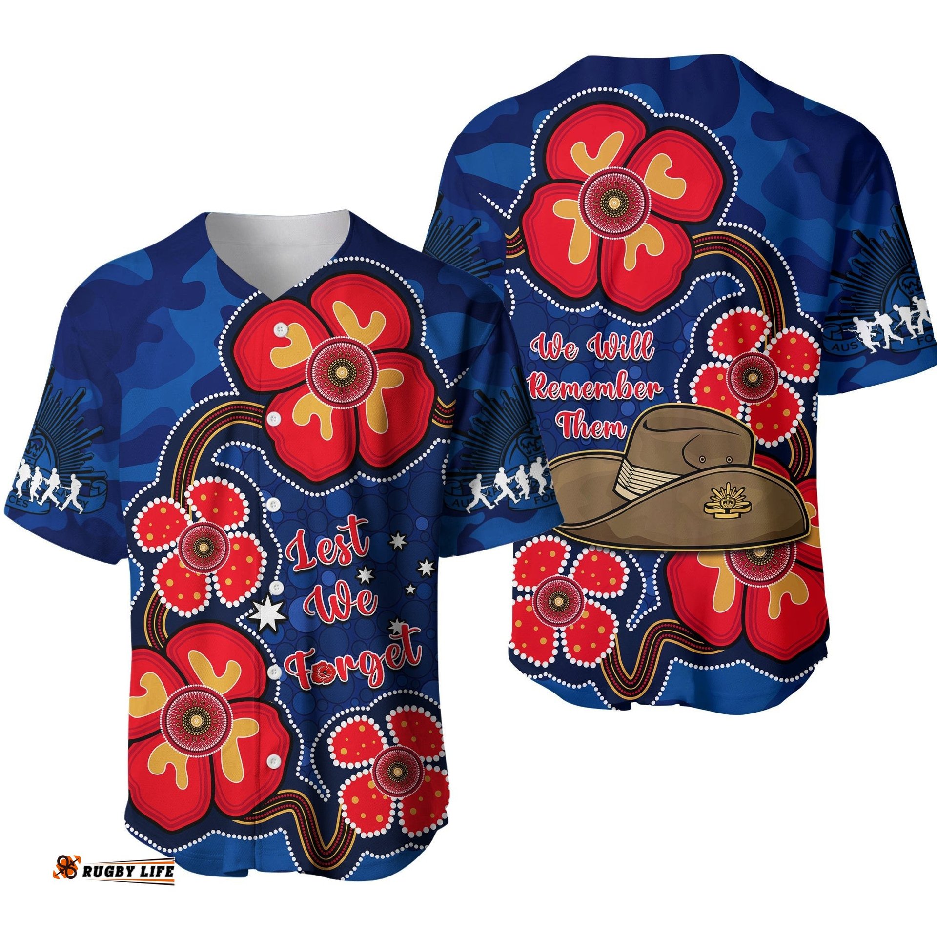 Australia ANZAC Baseball Jersey Shirt Lest We Forget Camouflage Mix Aboriginal Poppies And Slouch Hat Ver.01