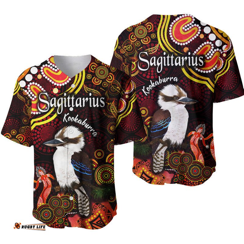 Australian Astrology Baseball Jersey Shirt Sagittarius Kookaburra Zodiac Aboriginal Vibes Red