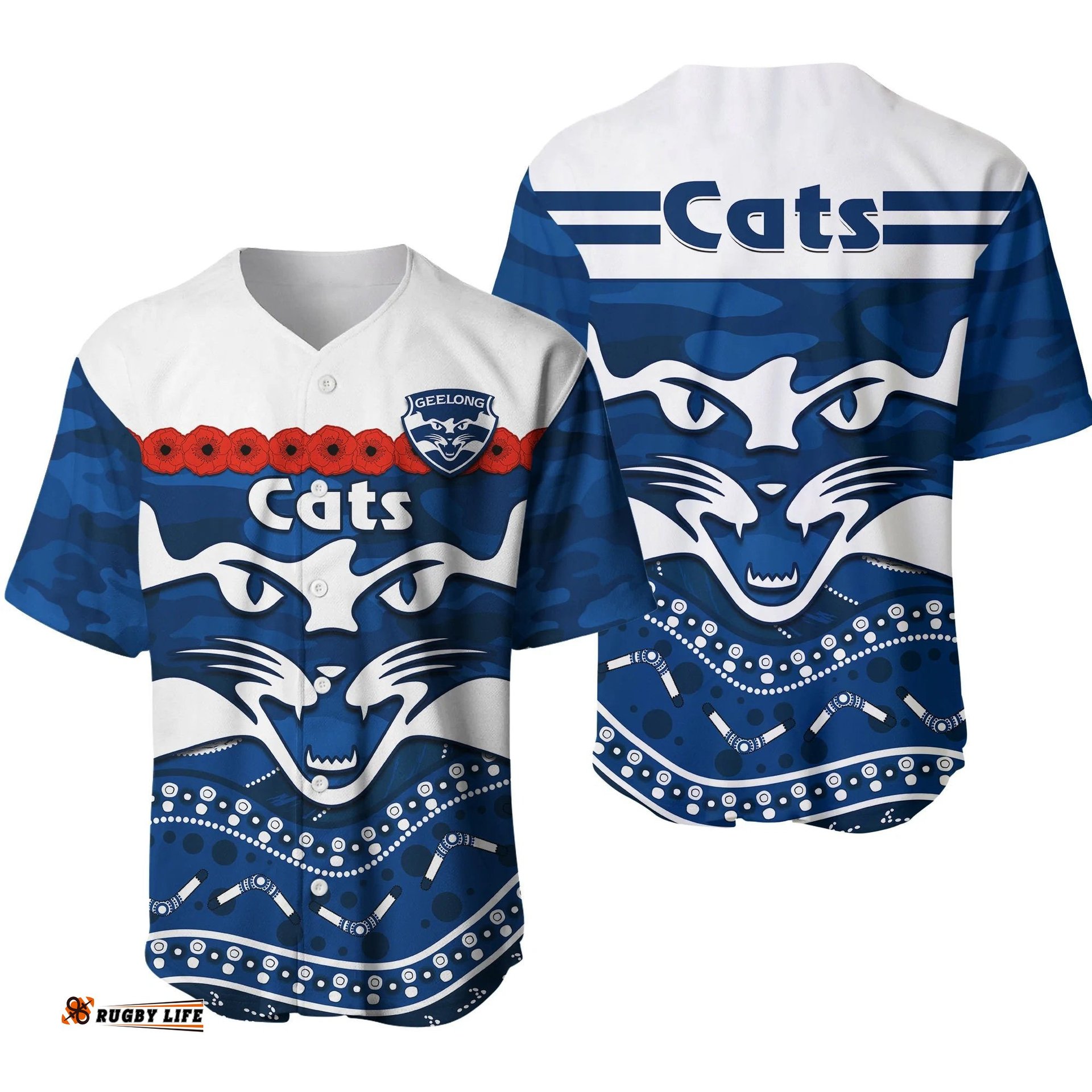 Cats Football ANZAC Baseball Jersey Shirt Geelong Camouflage Poppy Mix Aboriginal Ver.01